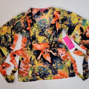 Betsy Johnson Blouse NWT Size Small Floral Top, Bell Sleeves, Tie Back